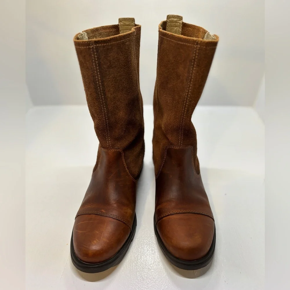 Sorel Major Pull On Mid-Calf Boots Womens 6.5 Brown Leather Moto Buckle Riding